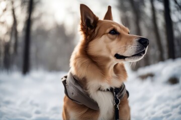 Fototapeta premium 'background dog winter retriever pet labrador animal gold cute puppy snow canino white golden portrait breed mammal friends cold laboratory happy sitting pedigree outdoors'