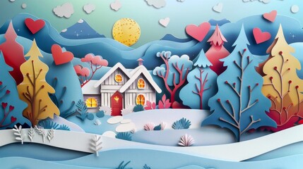 Whimsical Paper Art Winter Landscape with Cozy Cottage
