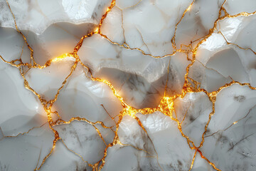 A white marble surface with golden cracks. Created with Ai