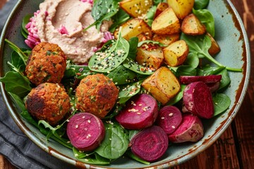 Cucumber and spinach salad with beetroot falafel, hummus and roast potatoes
