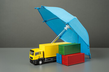 Truck with containers under an umbrella. Freight and transport business insurance. Cargo and parcel insurance. Warranty obligations. Logistics security.