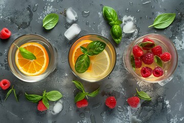 Flavored waters with orange, raspberry and basil