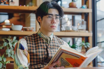 Young Asian Man Embracing Grandpa Style Reading in Cozy Urban Cafe - Vintage Charm Meets Modern Chic