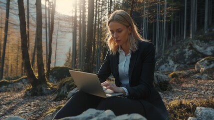 Workation. A woman in a suit working on a laptop outdoors, surrounded by forest and hills. Outdoor portrait with natural light, embodying the digital nomad and work-life balance concept.