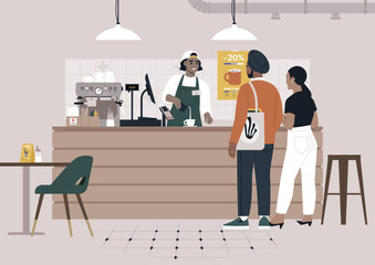 A Serene Encounter at the Modern Coffeeshop Counter, A couple orders from a barista at a stylish, tranquil cafe