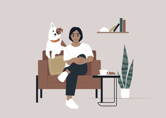 Serene Moments With a Faithful Companion in a Cozy Corner, A person relaxes on a sofa, cradling a knee, with a loyal dog by their side