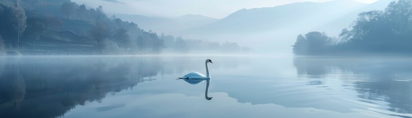 Fototapeta premium A swan is swimming in a lake with a cloudy sky in the background