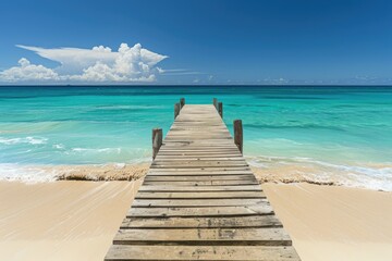 Fototapeta na wymiar Wooden pier stretching into azure water on beach, merging with horizon