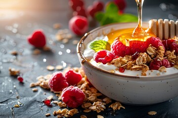 Granola, yoghurt and fresh fruit with honey being poured