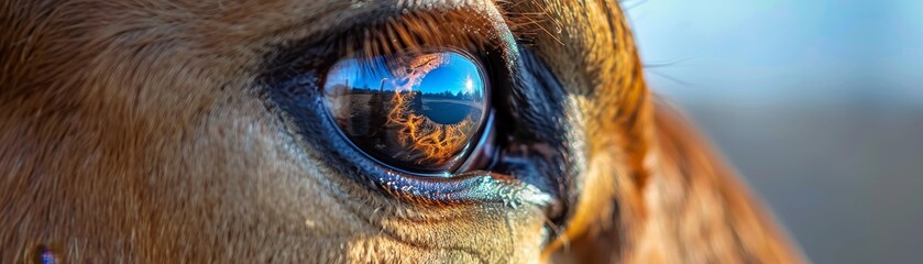 A brown horse's eye is reflected in the water