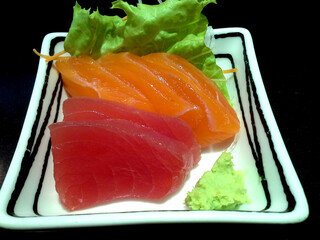 Salmon and tuna sashimi in dish
