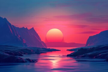 Radiant sunset gradients behind serene geometric landscapes
