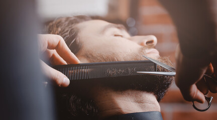 Barber banner, process shaving razor bearded hipster man in barbershop