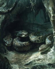 A group of snakes are curled up in a cave