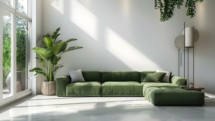 Country house with large minimalist living room featuring green sofa and plants . Concept Home decor, Minimalist design, Green sofa, Indoor plants, Country house