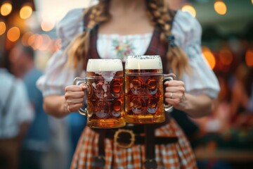 Oktoberfest beer maid carrying steins filled with beer, strength and tradition