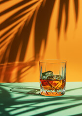 A glass of whiskey with ice in an elegant setting with a dual-colored background of green and orange, with a palm tree shadow, in the spirit of high class and style.
