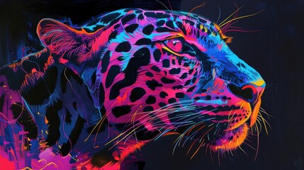 A hyper-realistic painting of a jaguar's face. The fur is black with rainbow-colored spots.