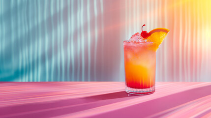An exotic cocktail that evokes wild parties, summer, fun, and the beach, surrounded by a creative background with warm, vibrant colors in the spirit of good times.