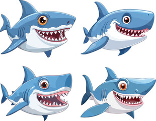 Obraz premium Cute Cartoon Shark Vector Illustration Set
