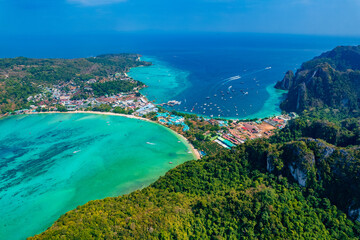 Aerial view Phi Phi island with turquoise clear water, travel photo Thailand by drone