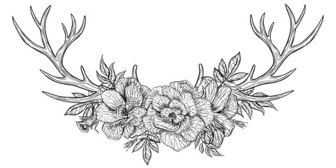 Vector deer Horns with rose flowers. Hand drawn floral linear illustration of Antlers and plants for greeting cards or invitations in boho style. Bohemian drawing with tribal sign in outline style.