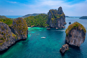 Phi Phi Don island, Nui beach. Thailand Aerial view paradise turquoise lagoon with white coral sand...