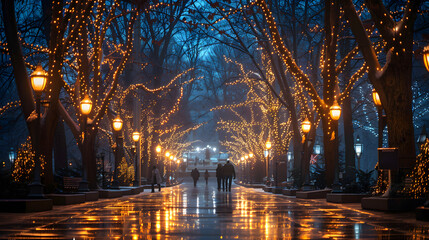 Fototapeta na wymiar Twilight Stroll in a Winter Park.Reflective Wet Pathway Lined by Trees and Lampposts, Tranquil Blue Lights Illuminate the Night