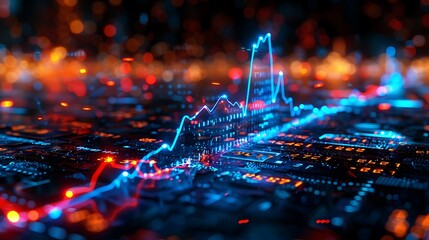 An abstract financial display featuring a blue heartbeat monitor line that escalates into a sharp upward spike, transforming into a digital arrow amidst a sea of stock market numbers