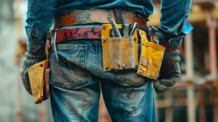 Fototapeta premium Worker Wearing Tool Belt at Construction Site