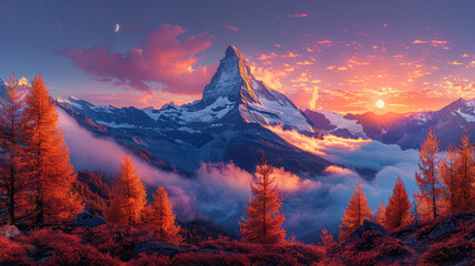  A panoramic view of the Matterhorn mountain in Switzerland, bathed in warm hues as it rises majestically against an orange and pink sky at sunset. Created with Ai