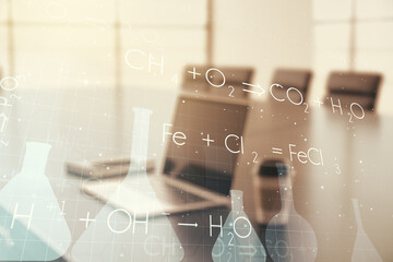 Creative chemistry illustration on modern computer background, science and research concept. Multiexposure