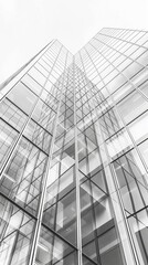 Tall glass building in a minimalistic style, reflecting the sky. Architectural shot focusing on sleek design and clean lines. Suitable for design for print, poster, and postcard