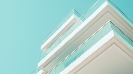A white modern building with clean lines and balconies, against a clear blue sky. An architectural shot embodying urban design and modernity.
