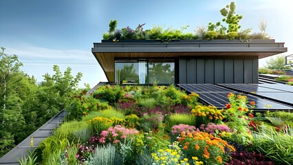 Eco-friendly Green Roof with Lush Vegetation and Solar Panels under a Blue Sky. Concept Green Roof, Lush Vegetation, Solar Panels, Eco-friendly Design, Blue Sky