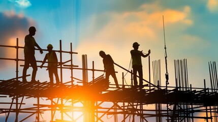 Silhouettes of construction workers standing on a steel framework against a colorful sky. Architecture and construction-themed composition focusing on the interplay of industrial and natural eleme