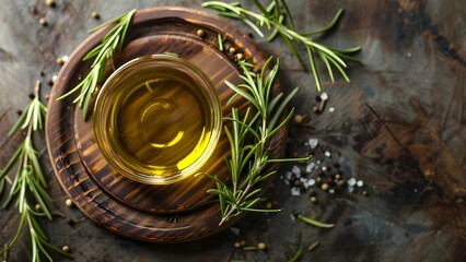 Minimalistic food photography with rosemary sprigs and olive oil on wood . Concept Food Photography, Minimalistic Style, Rosemary Sprigs, Olive Oil, Wood Background