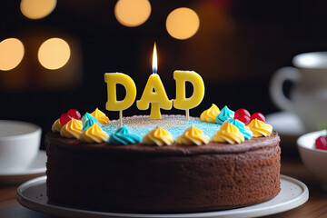 Chocolate cake for father's day with candle against tea cups and bokeh background. Cake with dad word. Happy father's day concept. men's cake
