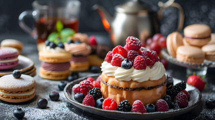 Gourmet Mille-Feuille with Raspberries and Blackberries. Almond Macarons, Star Anise, and Pastry Cream on a Luxurious Dark Backdrop