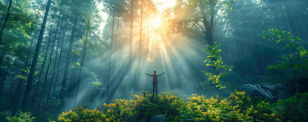 Silhouette of a person standing in the woods with raising hands up.