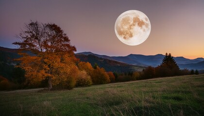 gorgeous countryside at dawn in autumn at night trees in colorful foliage on the grassy field in full moon light mountains in the distance - Powered by Adobe