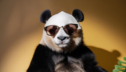a panda bear with sunglasses and underwear on a yellow background