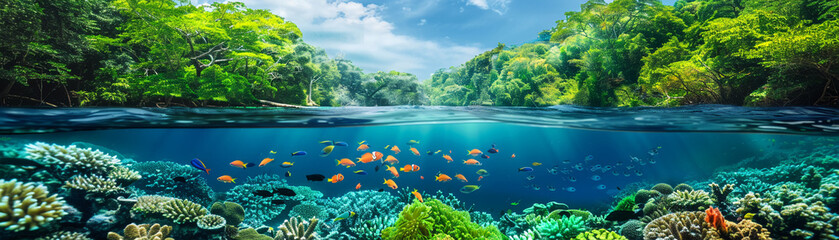 Half underwater scene with coral reefs, vibrant fish below, lush green forest above, clear day, top-down view