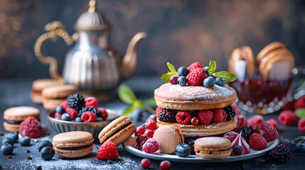 Gourmet Mille-Feuille with Raspberries and Blackberries. Almond Macarons, Star Anise, and Pastry...