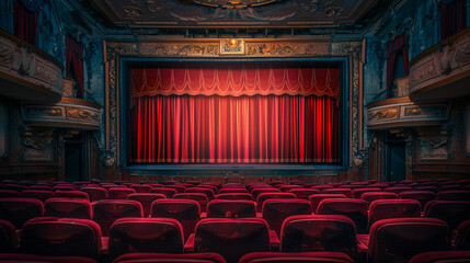 The theater stage with red velvet curtains and seats for the audience, classic theater interior background. Stock photo