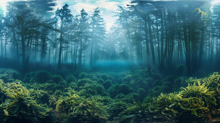 Obraz premium Underwater kelp forest below, dense pine forest above, morning light, seamless transition, panoramic view