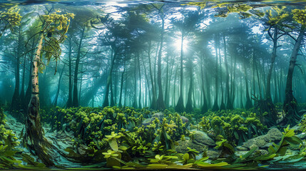 Underwater kelp forest below, dense pine forest above, morning light, seamless transition, panoramic view