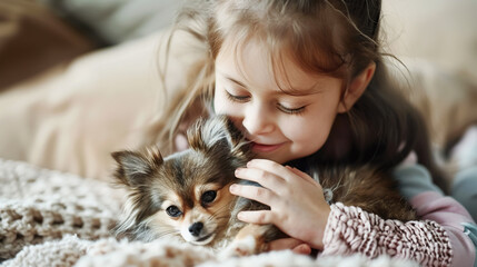 A little girl with a wide smile hugs her small dog in a cozy environment. Concept of love for animals, friendship between children and pets