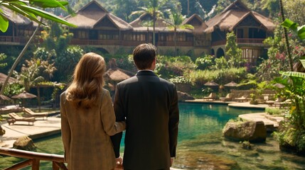 A couple in business attire relaxing by the poolside at a tropical resort, with one person smiling at the camera. Outdoor portrait with natural lighting, embodying the travel workation concept. 
