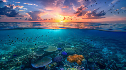 Fototapeta na wymiar Clear blue underwater with colorful reef below, sunset sky with birds above, warm tones, horizon line view